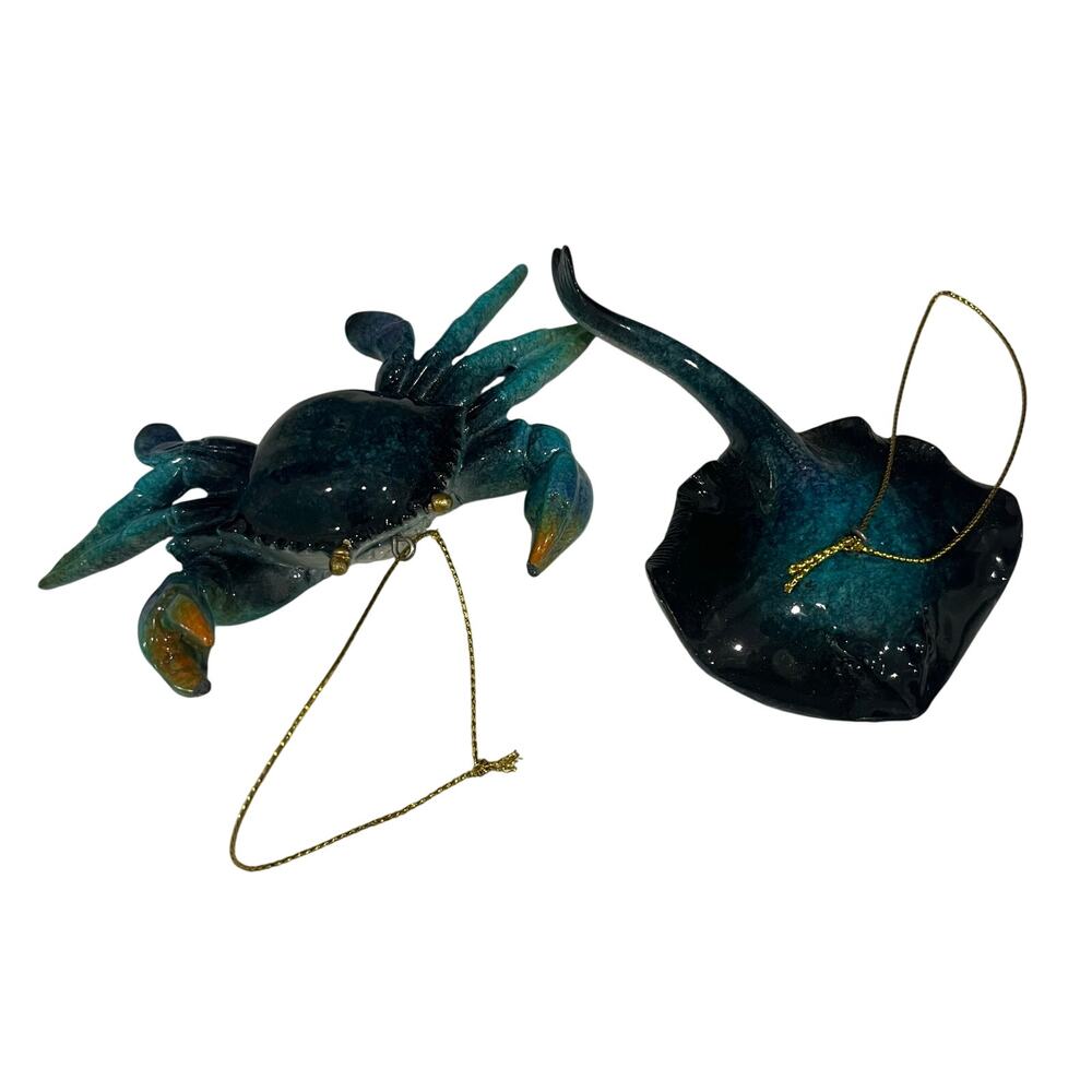 Resin Blue Crab & Stingray Christmas Ornaments Set Coastal Nautical Tree Decor
